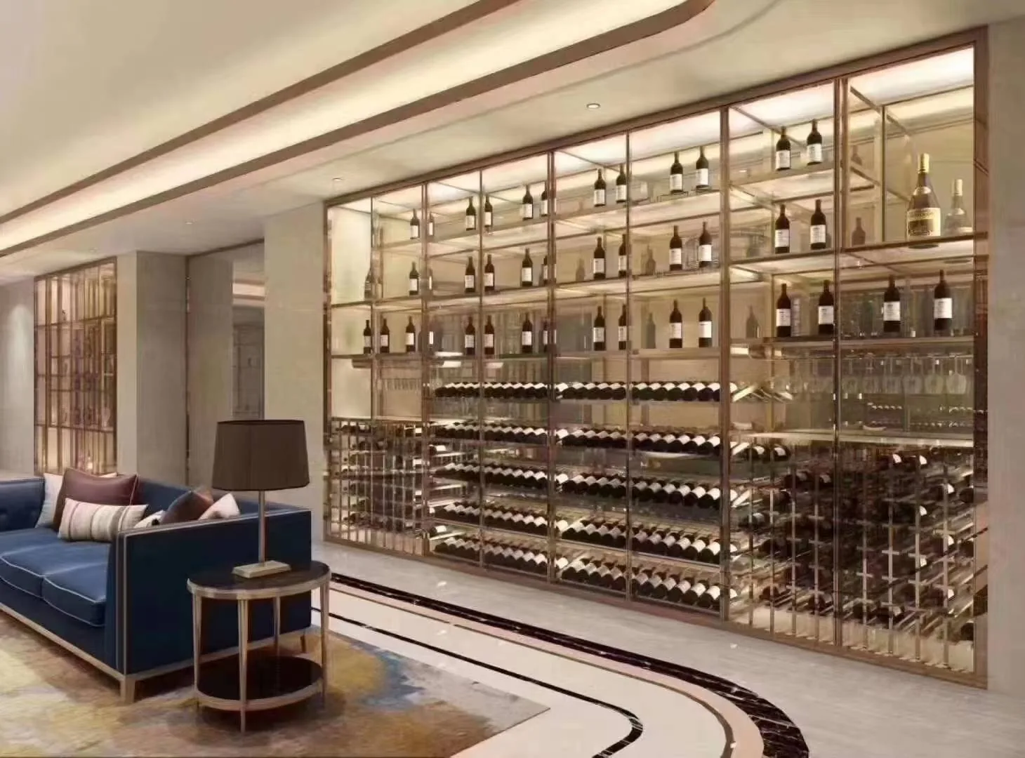 Floor-to-ceiling steel wine display in a hotel interior