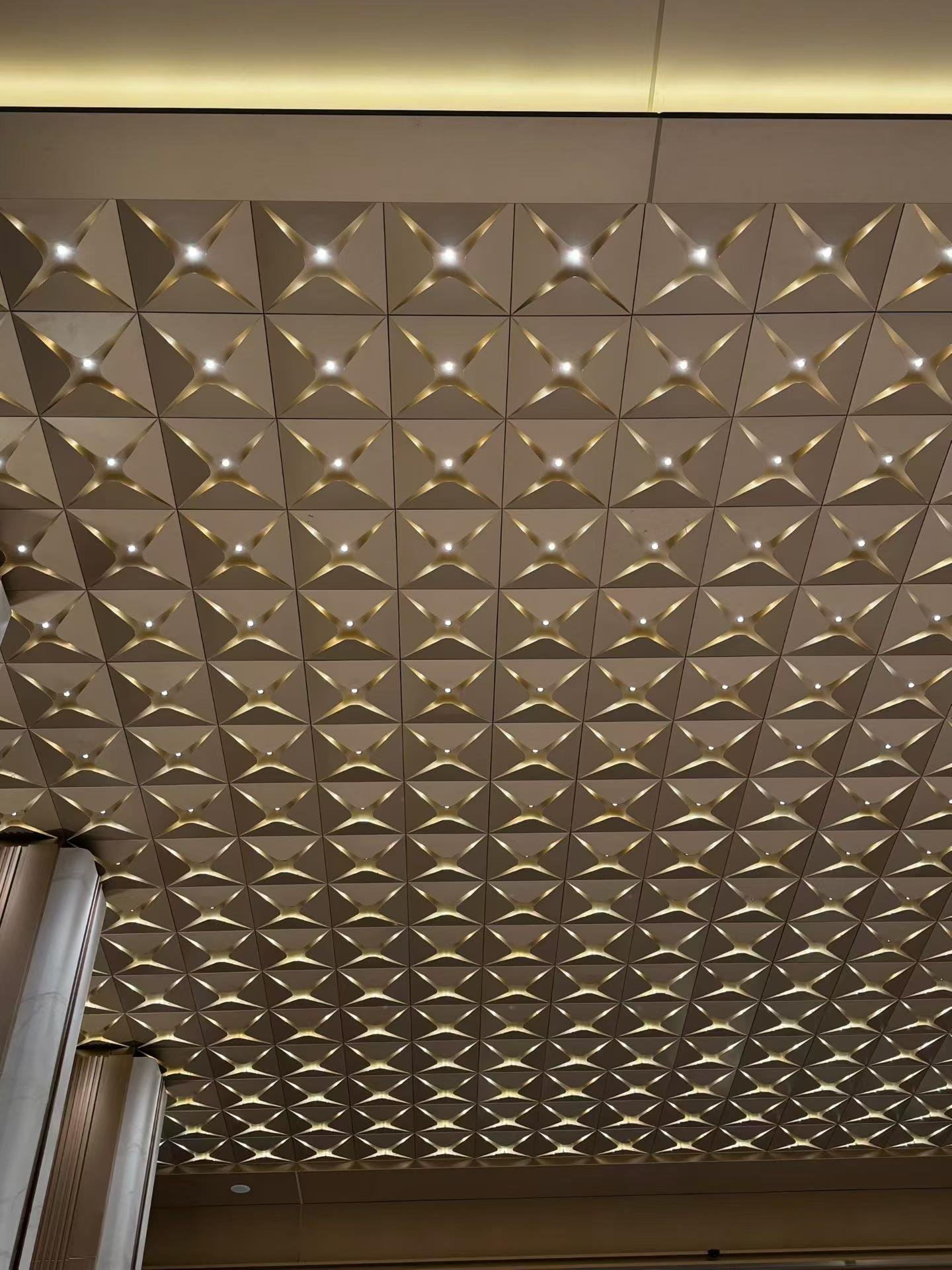 Close view of sculpted ceiling modules with recessed lights