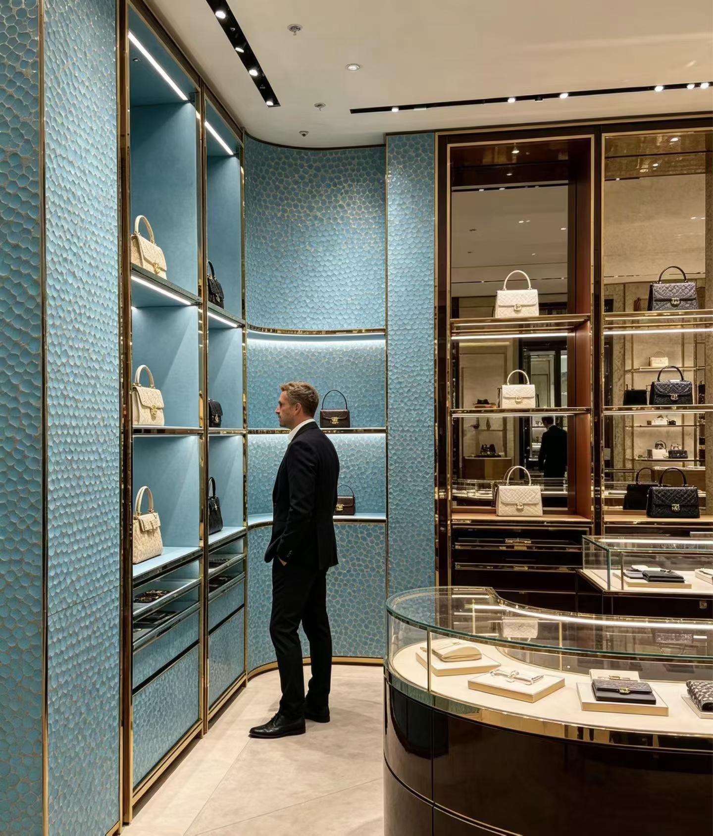 Luxury retail interior featuring turquoise textured panels and polished metal trim